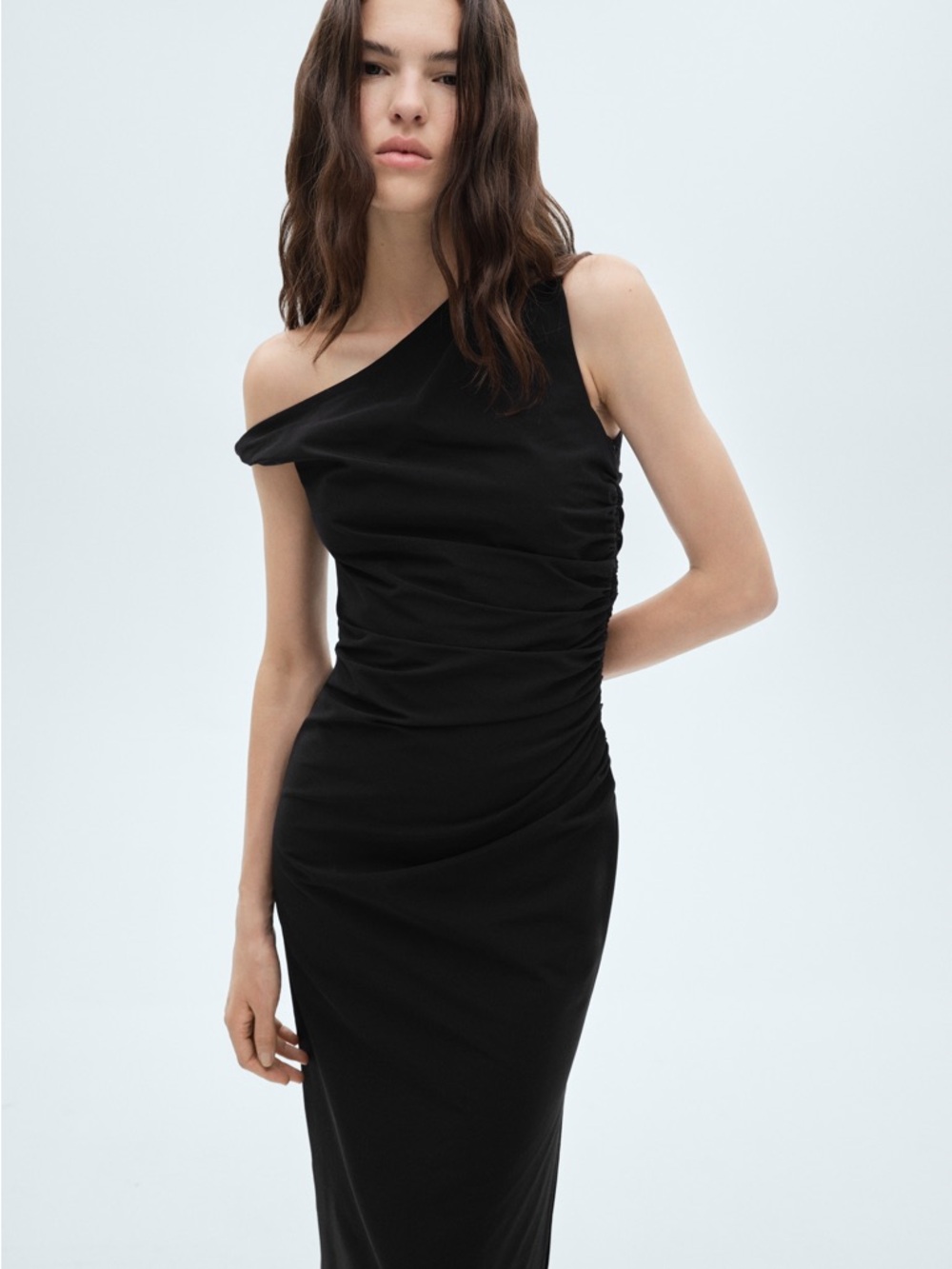 Mango Asymmetrical One Shoulder Midi Dress Black XS NWT Ruched Bodycon